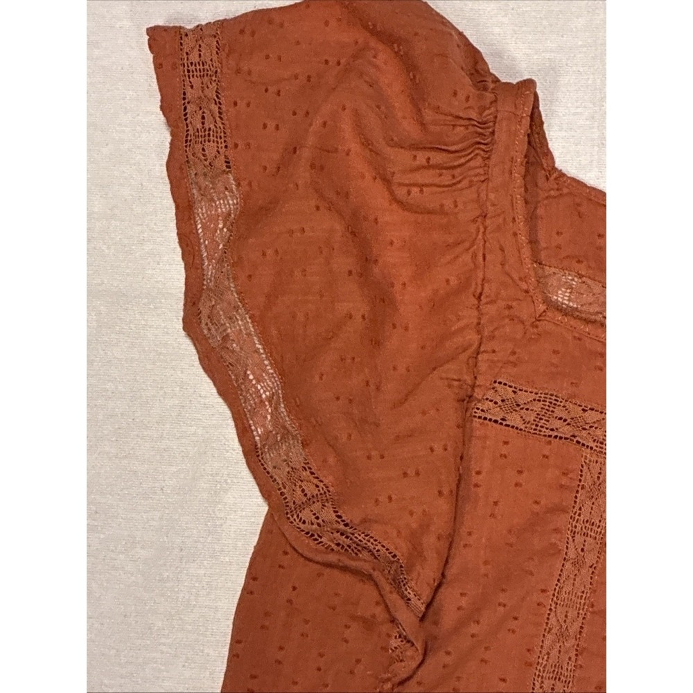 Women's Top Large Orange Peasant Blouse Ruffled Sleeves Crochet-lace Button-down - Picture 5 of 7